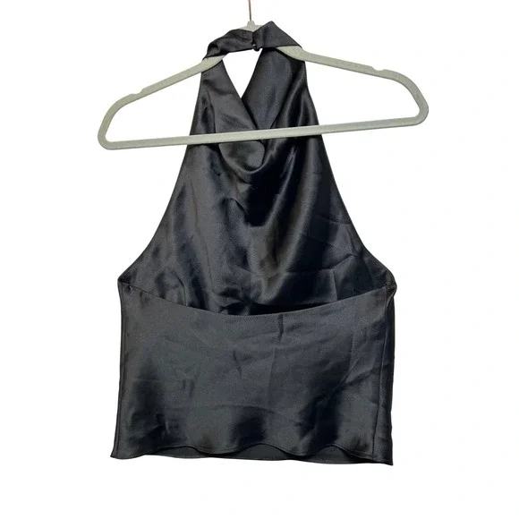 Zara Black Satin Halter Top Draped Cowl Neck Backless Party Blouse Medium - Picture 12 of 14